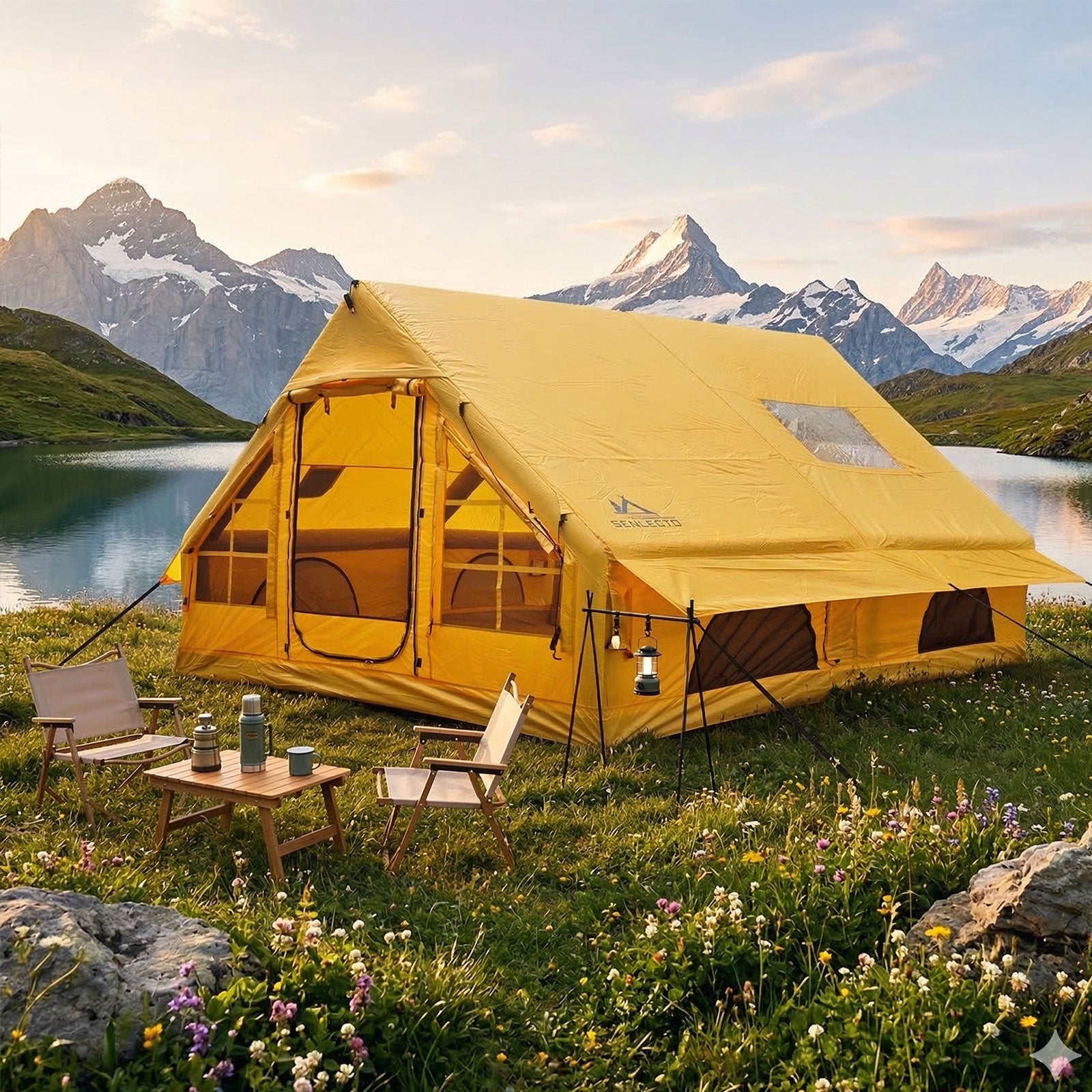 Yellow inflatable tent set up for camping outdoors by a scenic lake with snowy mountains in the background.