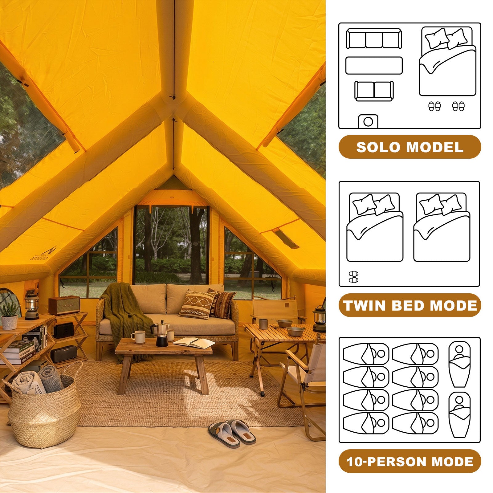 Spacious interior of the inflatable tent with layout diagrams for solo, twin bed, and up to 10-person setups.