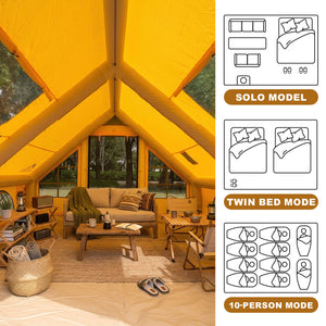 Spacious interior of the inflatable tent with layout diagrams for solo, twin bed, and up to 10-person setups.