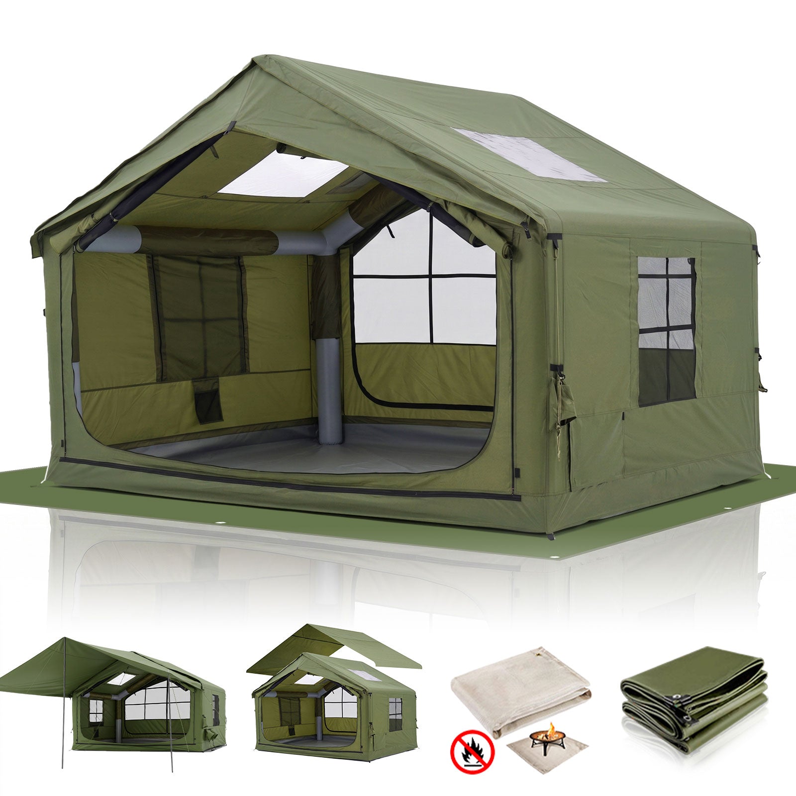 Tactical green inflatable cabin tent with detachable zippered rainfly, fireproof mat and waterproof ground sheet included