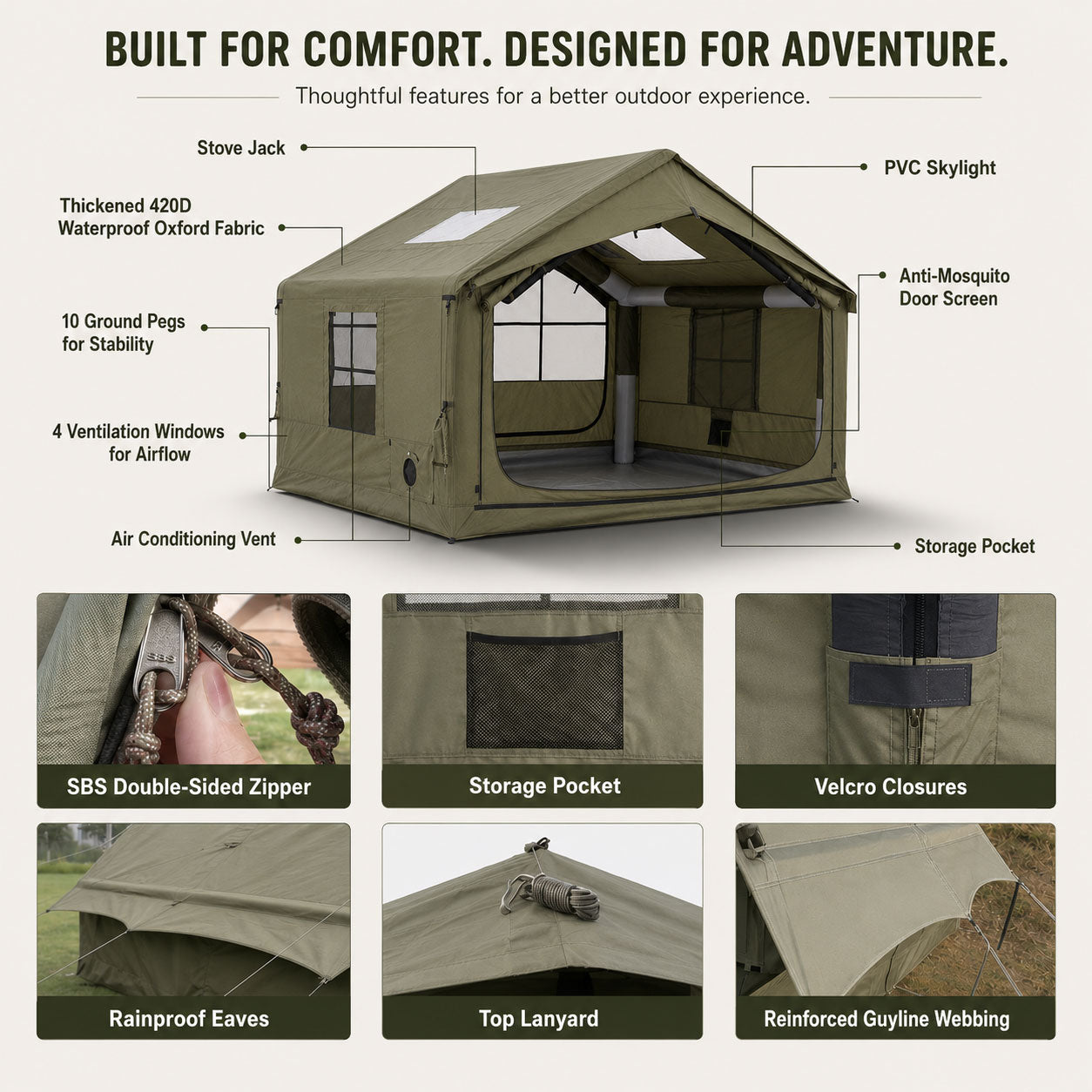 Green 420D Oxford inflatable cabin tent with chimney flue, AC vent, skylight, mesh ventilation windows and SBS double zippers