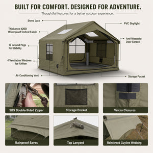 Green 420D Oxford inflatable cabin tent with chimney flue, AC vent, skylight, mesh ventilation windows and SBS double zippers