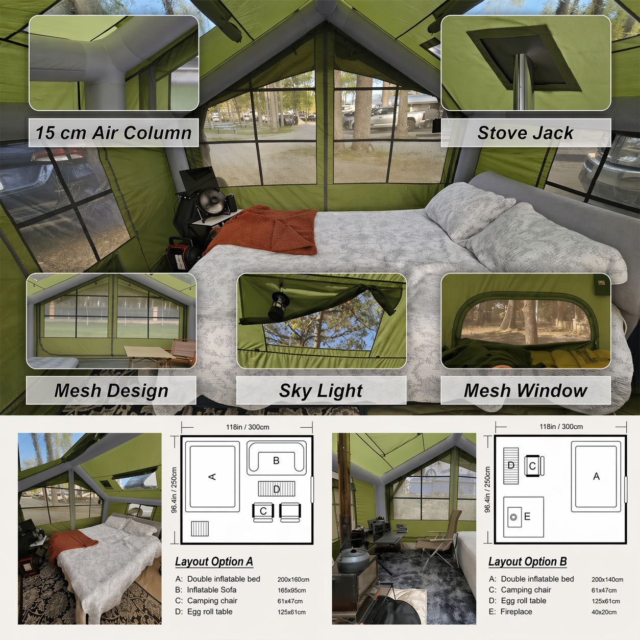 Inside view of 4-6 person inflatable cabin tent showing 15cm air column, stove jack, skylight, mesh windows and suggested layout