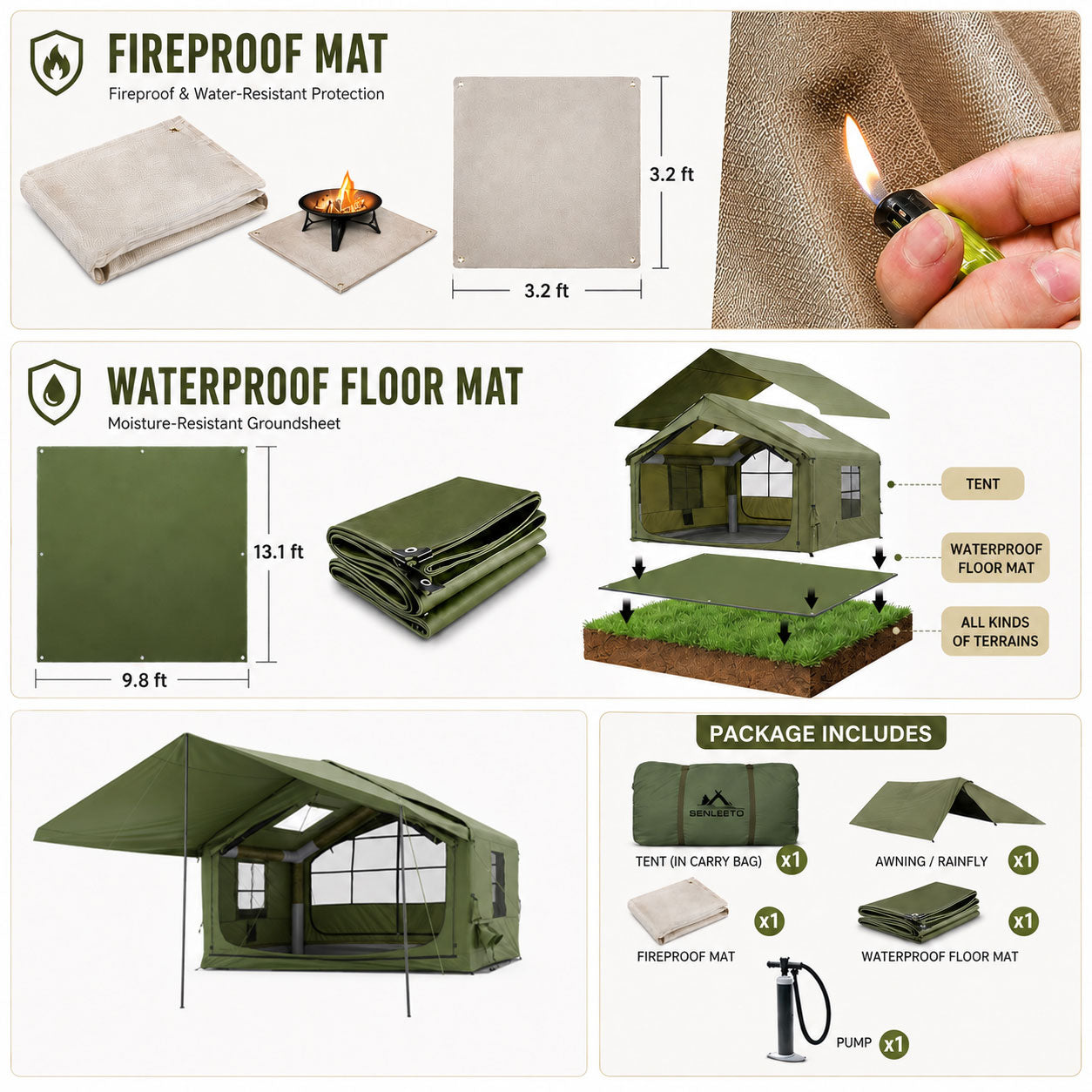 Inflatable cabin tent accessories: zippered rainfly, 9.8x13.1ft waterproof floor mat, 3.2x3.2ft fireproof wood stove mat