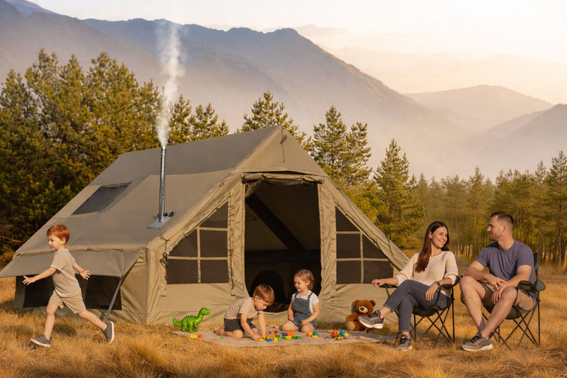 Family relaxing outside a large 4-season inflatable glamping tent with a wood stove chimney in the mountains.