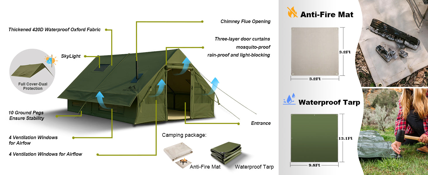 Detailed feature diagram of the inflatable camping tent including stove jack, skylight, and ventilation windows.