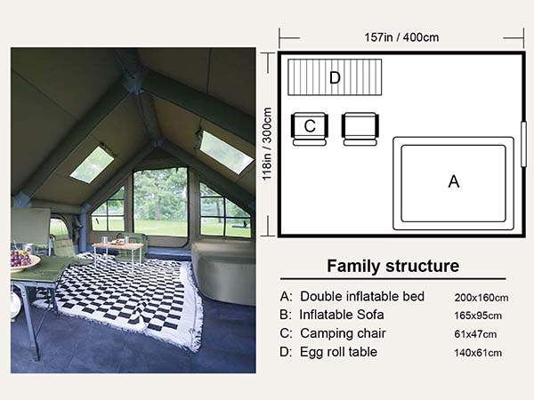 Spacious 129 sq ft interior layout of the inflatable family tent fitting a double air mattress and sofa.