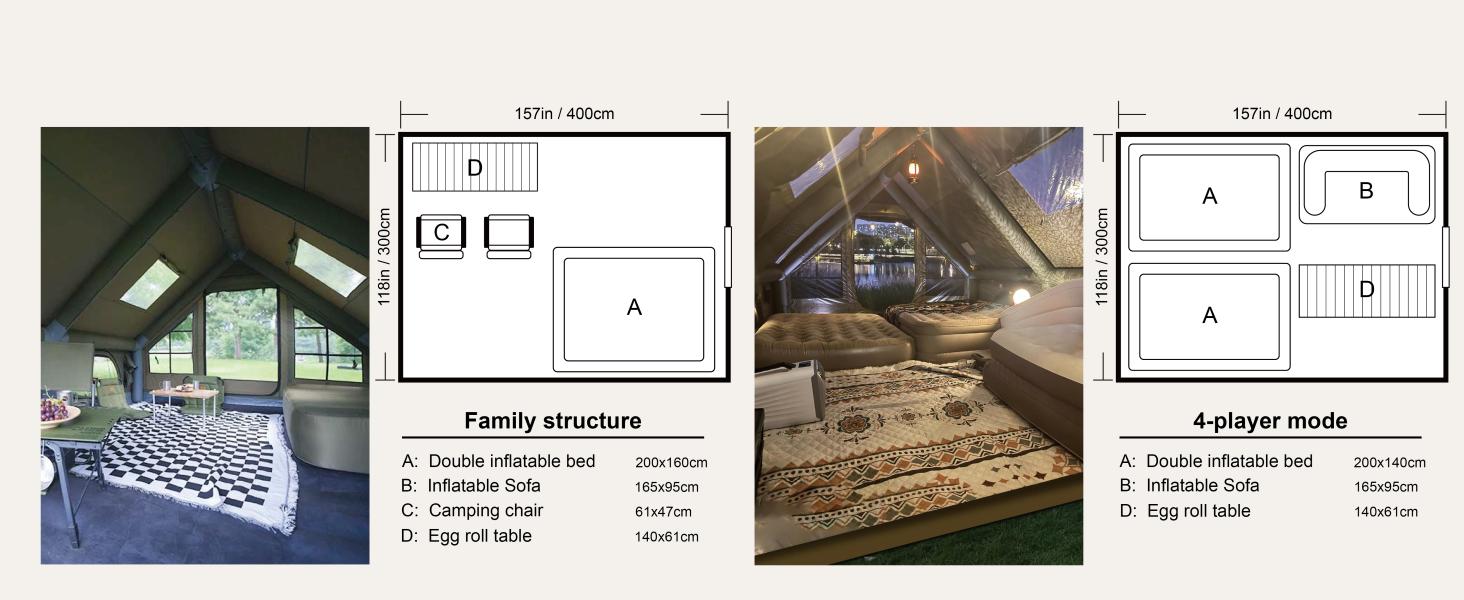 Spacious 129 sq ft interior layout of the inflatable family tent fitting a double air mattress and sofa.