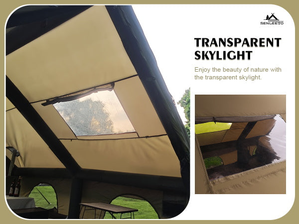 Transparent roof skylight window of the inflatable camping tent for stargazing and natural light.