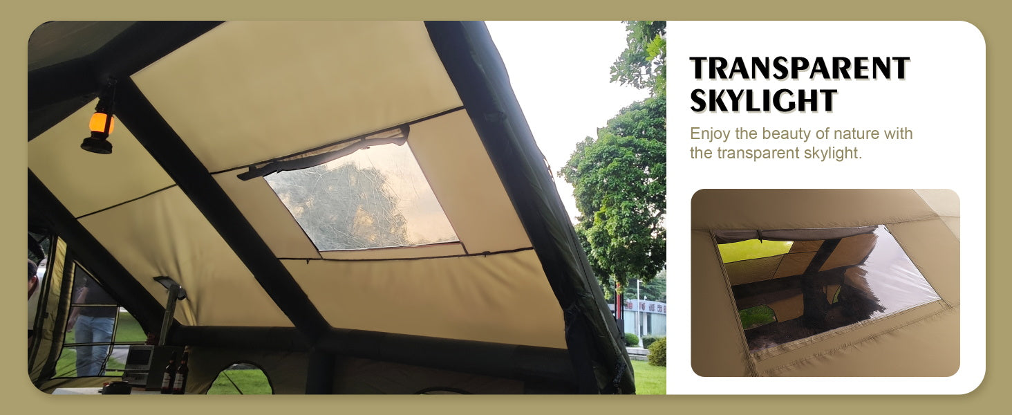 Transparent roof skylight window of the inflatable camping tent for stargazing and natural light.
