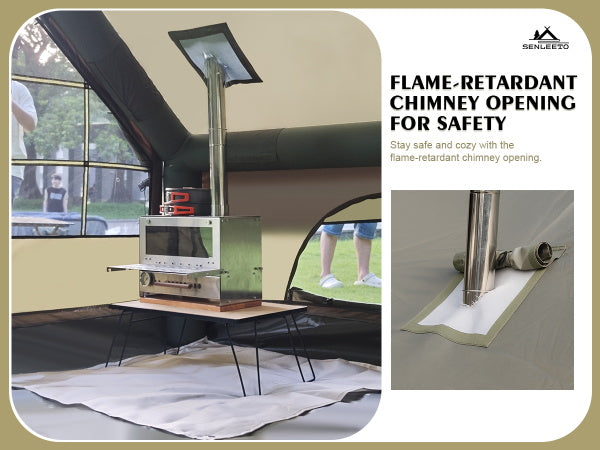 Flame-retardant stove jack and chimney opening for safe winter camping with a wood stove.