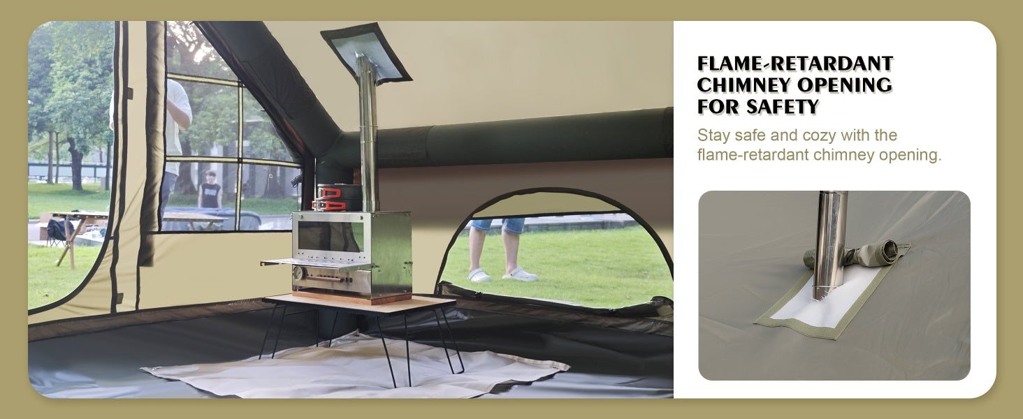Flame-retardant stove jack and chimney opening for safe winter camping with a wood stove.