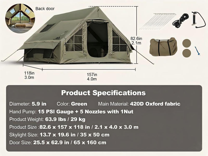 Product dimensions and specifications for the large inflatable camping tent showing length, width, and height.