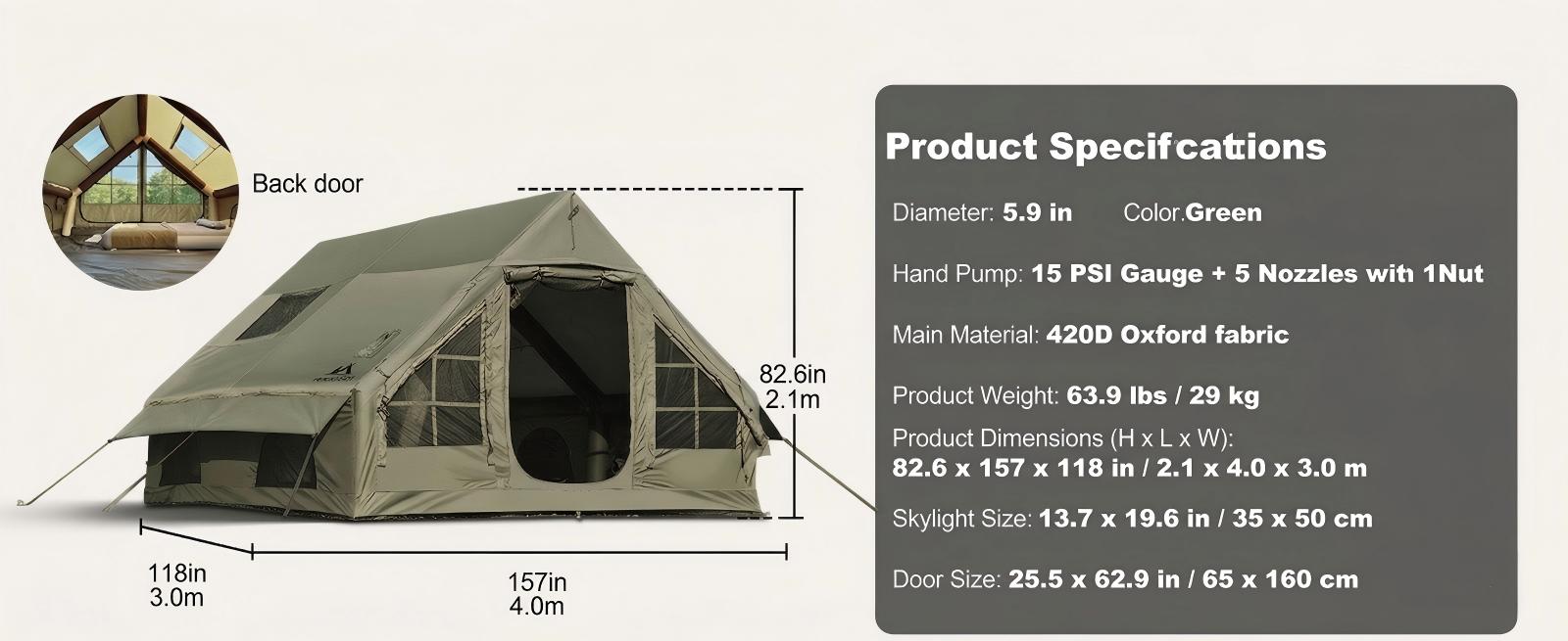 Product dimensions and specifications for the large inflatable camping tent showing length, width, and height.