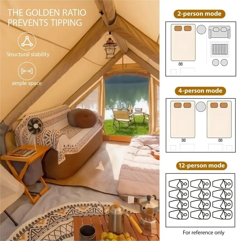 Spacious interior of Senleeto luxury air tent, easily fitting multiple queen beds and glamping furniture for 8-10 people.