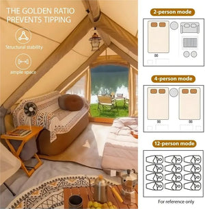Spacious interior of Senleeto luxury air tent, easily fitting multiple queen beds and glamping furniture for 8-10 people.
