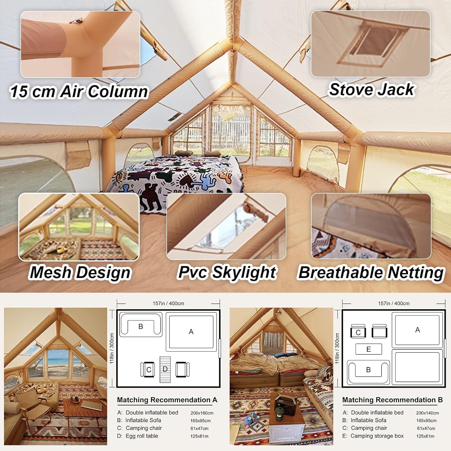 Floor plan layout of the 129 sq ft Senleeto inflatable cabin tent, showing optimal 8-10 person family camping setups.