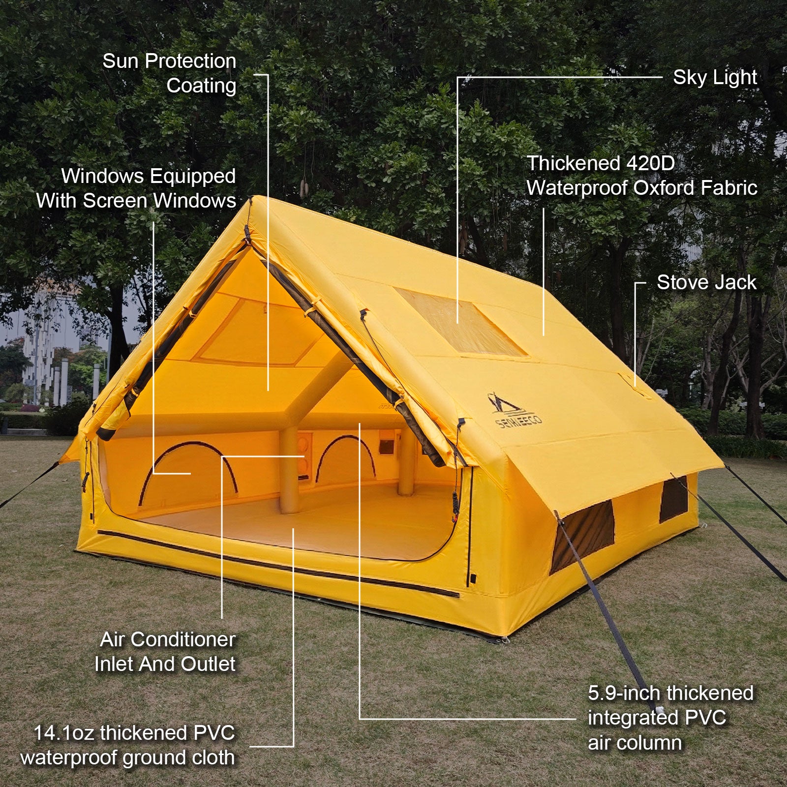 Tent features including skylight, stove jack, AC port, sun protection coating, and thick PVC air columns.