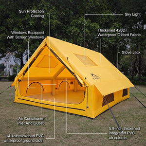 Tent features including skylight, stove jack, AC port, sun protection coating, and thick PVC air columns.