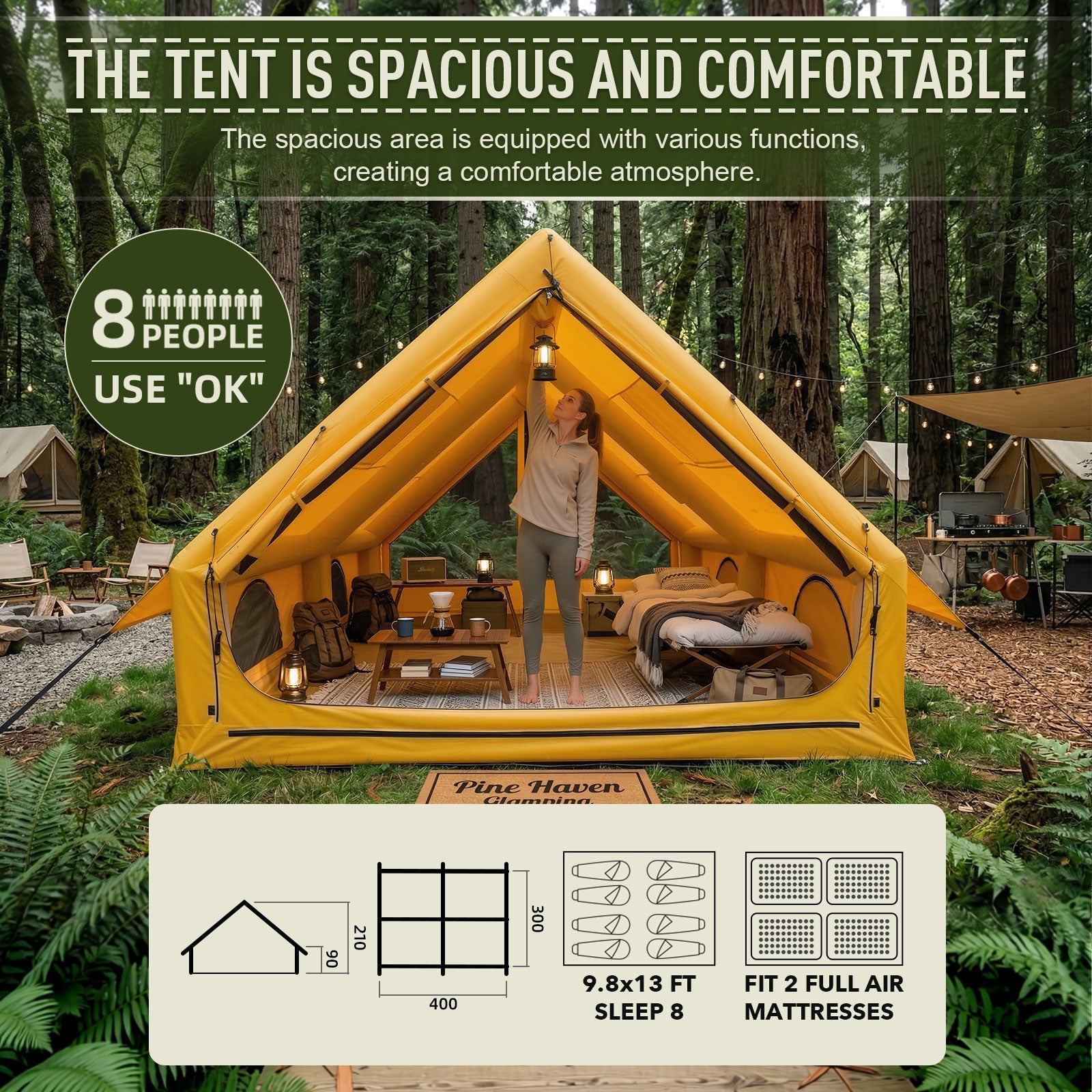 Woman standing inside roomy 9.8x13 FT tent. It comfortably sleeps 8 people or fits 2 full air mattresses.