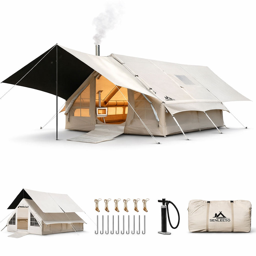 Exterior view of beige inflatable glamping cabin tent with full rainfly