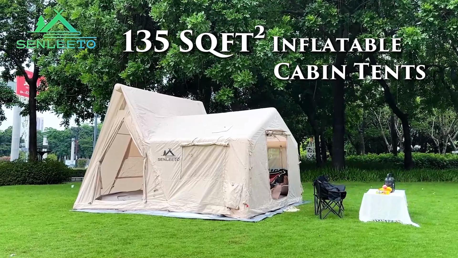Senleeto 129 square feet large inflatable cabin tent pitched on grass. Quick setup waterproof glamping tent.