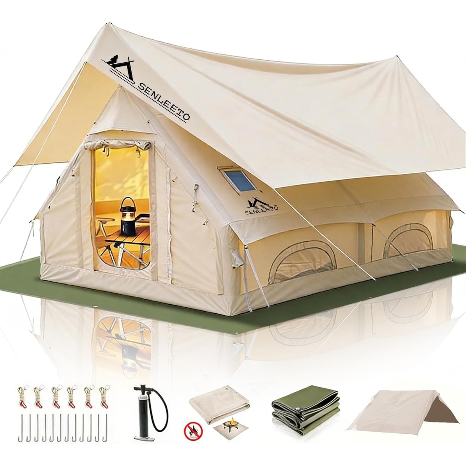 SENLEETO large beige inflatable glamping tent with front awning, windows, and included pump, stakes, guy lines, footprint, and tarp