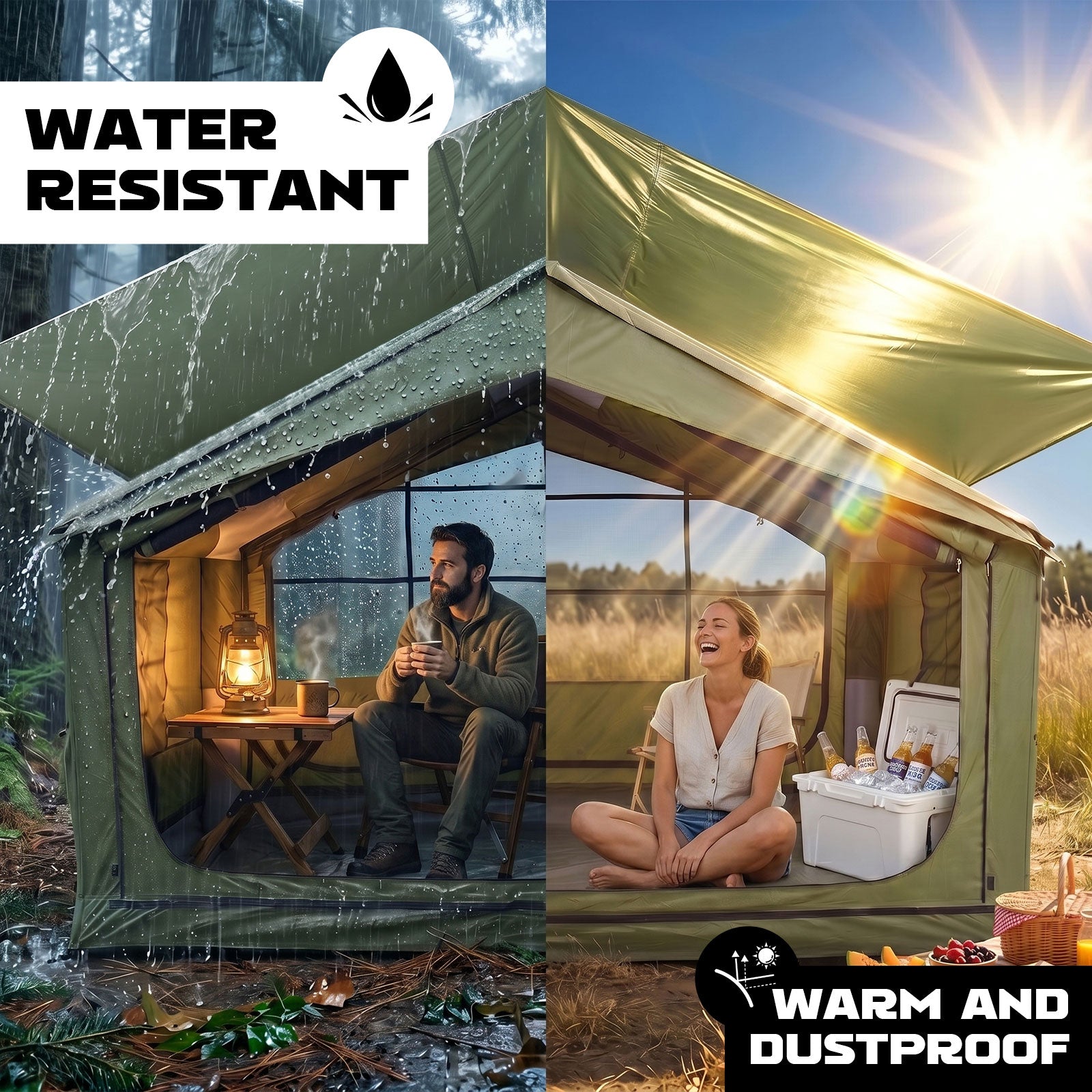 Water-resistant 420D Oxford inflatable cabin tent keeps interior warm, dry and dustproof