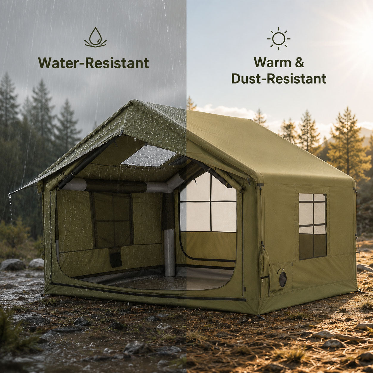Water-resistant 420D Oxford inflatable cabin tent keeps interior warm, dry and dustproof