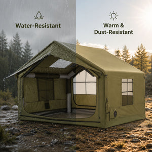 Water-resistant 420D Oxford inflatable cabin tent keeps interior warm, dry and dustproof