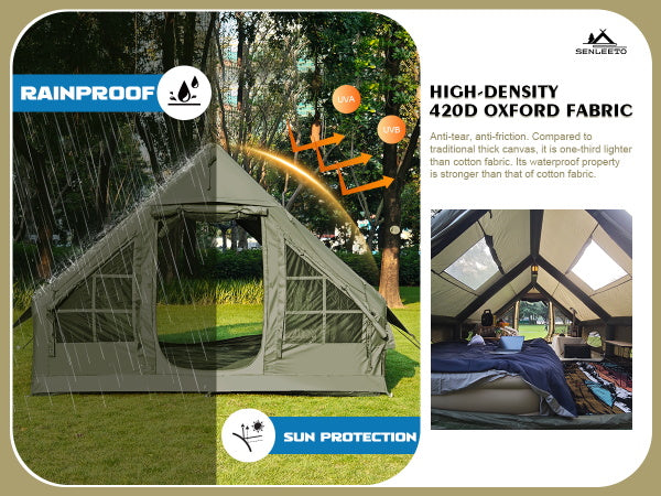 High-density 420D Oxford fabric showing heavy-duty rainproof and UV sun protection of the inflatable tent.