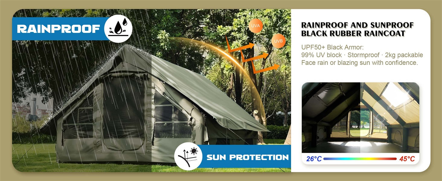 High-density 420D Oxford fabric showing heavy-duty rainproof and UV sun protection of the inflatable tent.