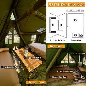 Floor plan for the 135 sq.ft inflatable glamping tent, visualizing separate living and bedroom zones.