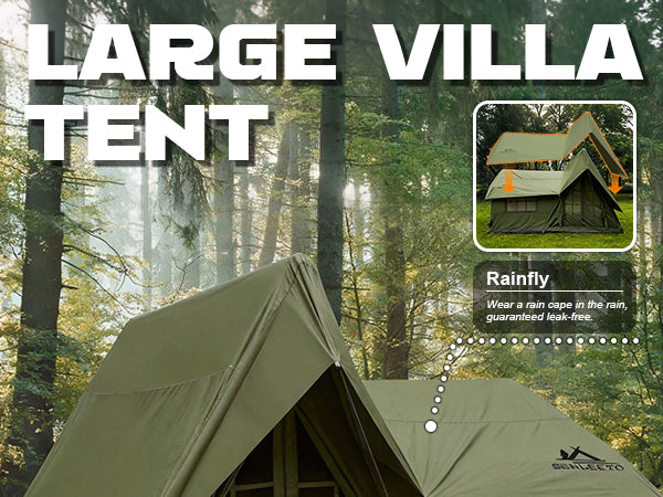 Technical highlights of the green air tent: Mesh windows for airflow, raft-grade PVC inflatable frame, and leak-free rainfly.