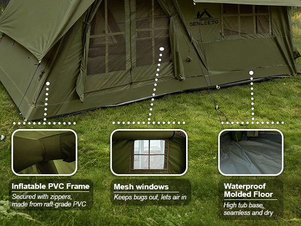 Technical highlights of the green air tent: Mesh windows for airflow, raft-grade PVC inflatable frame, and leak-free rainfly.