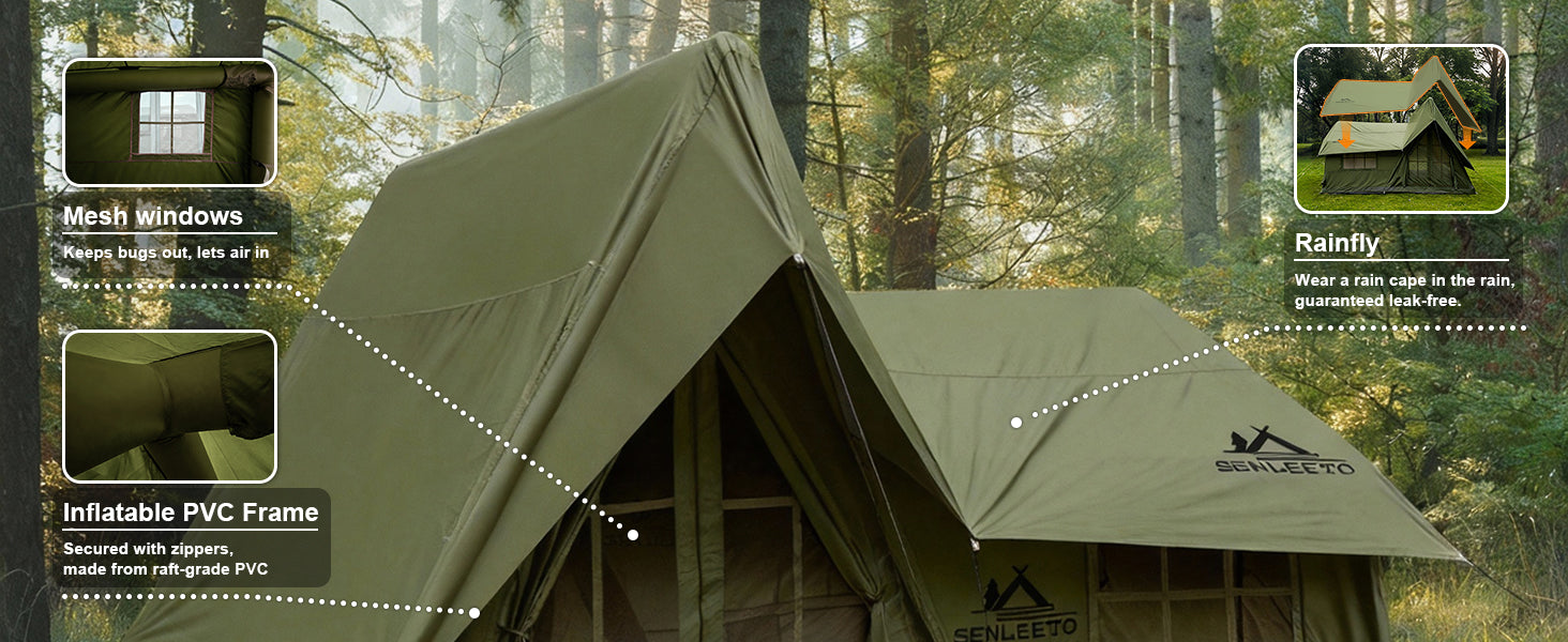 Technical highlights of the green air tent: Mesh windows for airflow, raft-grade PVC inflatable frame, and leak-free rainfly.