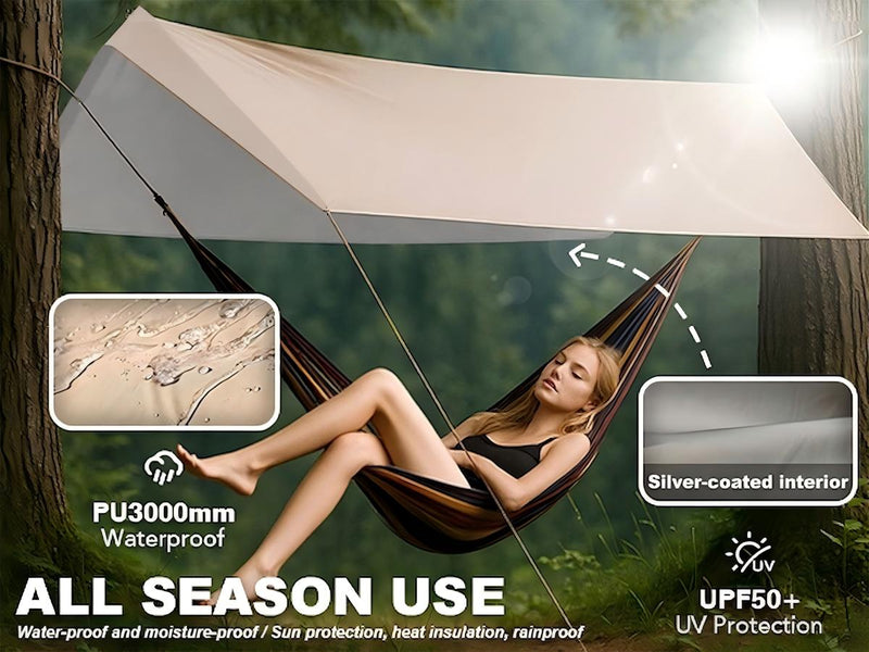 All-season Senleeto tarp with PU3000mm water resistance and UPF50+ silver gel coating for sun and rain gear.