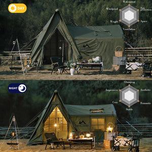 Day & night glamping performance comparison with high ratings for windproof durability, space, and aesthetics.