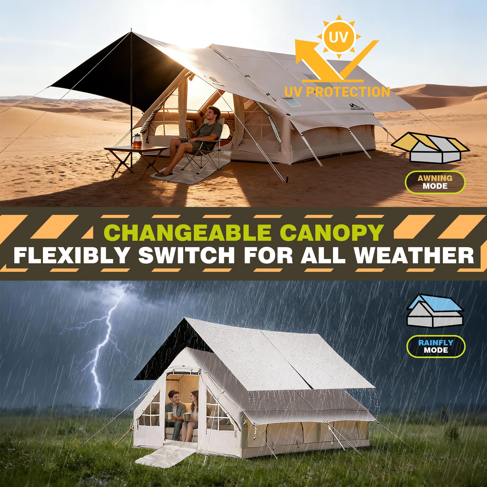 blackout inflatable tent showing changeable canopy for sun and rainfly mode in a storm.