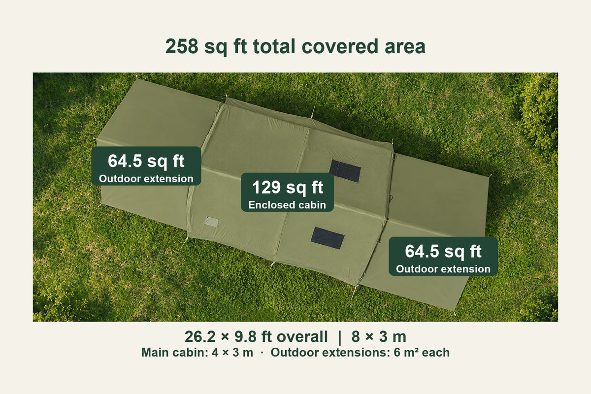 Aerial view of the green Cabin tent with two outdoor extensions, 129 sq ft indoors and 258 sq ft total covered area