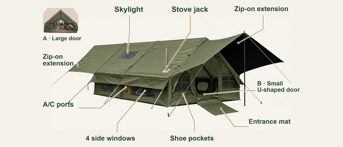 Green Cabin tent with labeled zip-on extensions, skylight, stove jack, A/C ports, side windows, doors, shoe pockets and entrance mat.