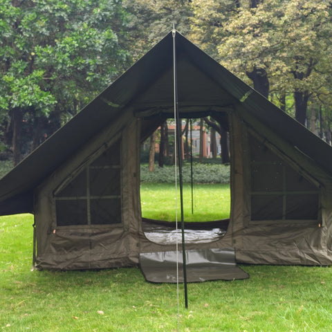 View through the army green tent entrance from under the extension.