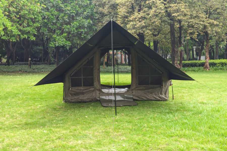 Front view of the army green tent with the canopy raised.
