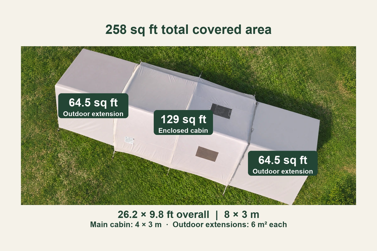 Aerial view of the khaki Cabin tent with two outdoor extensions, 129 sq ft indoors and 258 sq ft total covered area.