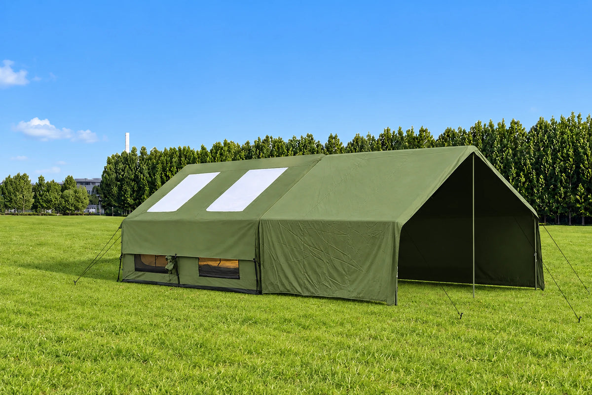Zip-on side awning extended; fitted rainfly packed separately.