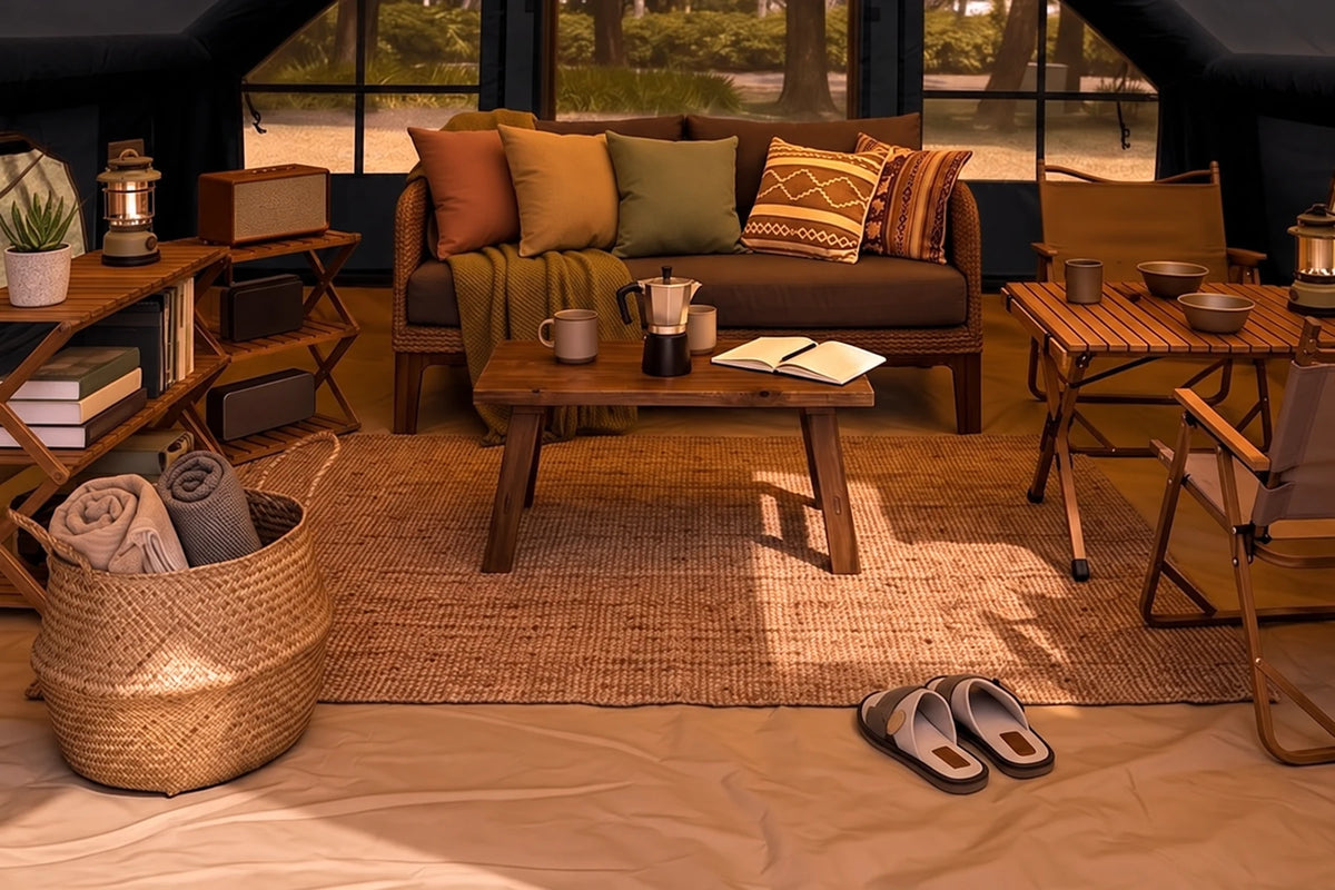 Furniture arrangement and floor space inside the black Cabin 13 x 10 tent