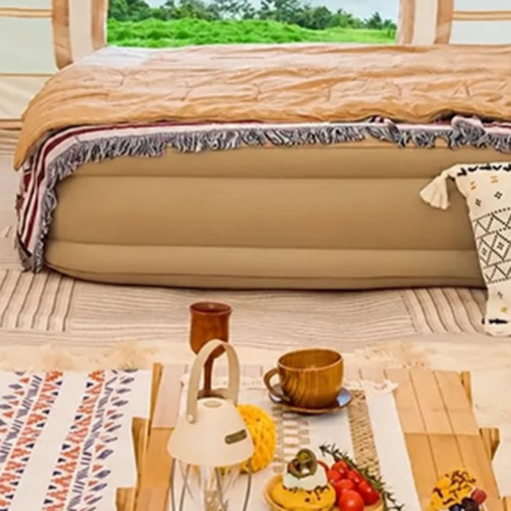 Close-up of the resting area inside the khaki Cabin tent