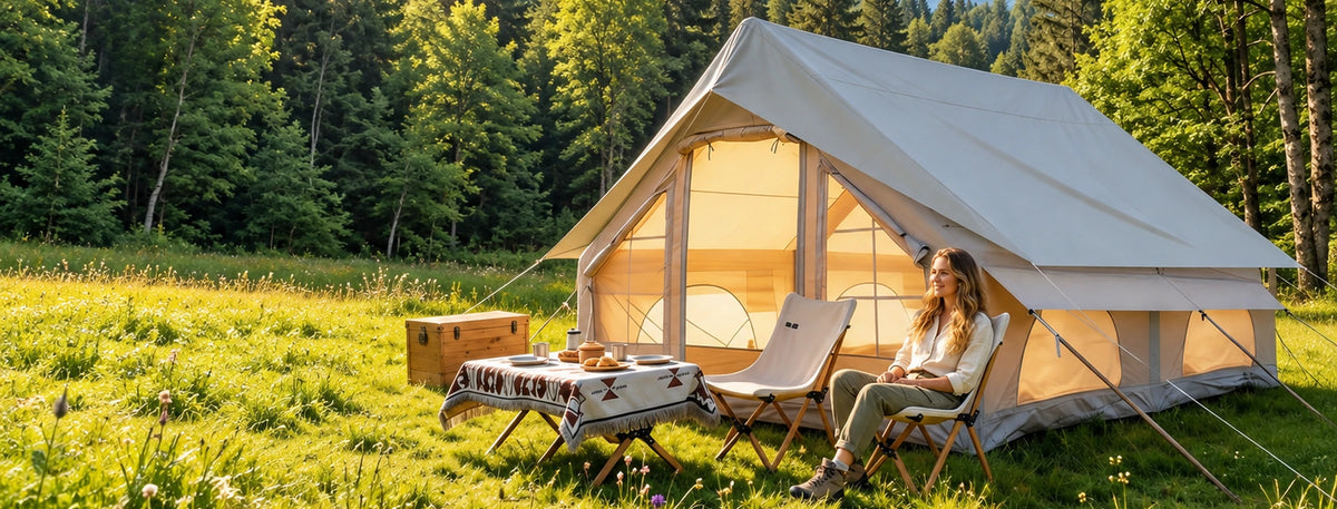 Khaki Cabin 13 x 10 tent pitched in a forest meadow