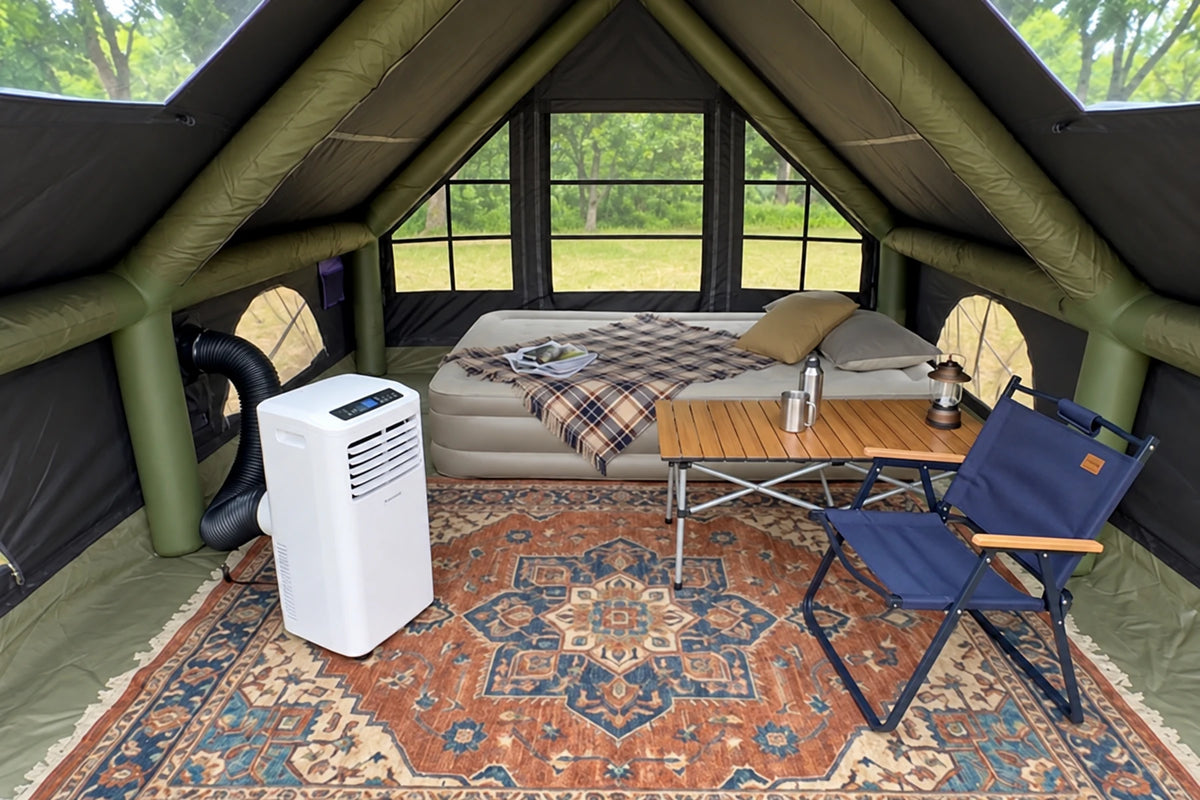 Furniture arrangement and floor space inside the purple Cabin 13 x 10 tent