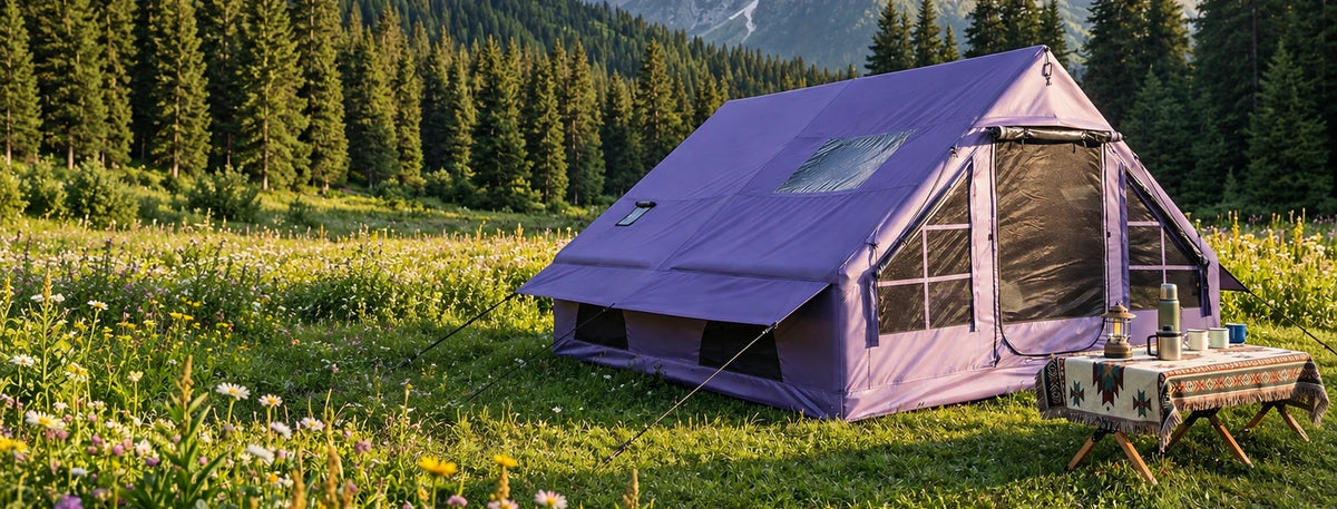 Purple Cabin 13 x 10 tent pitched in a mountain meadow